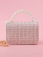 1pc Mini Girls' Cloth Shoulder Bag With Bowknot, Pearl Beads, Lace Edge And Metal Chain shein