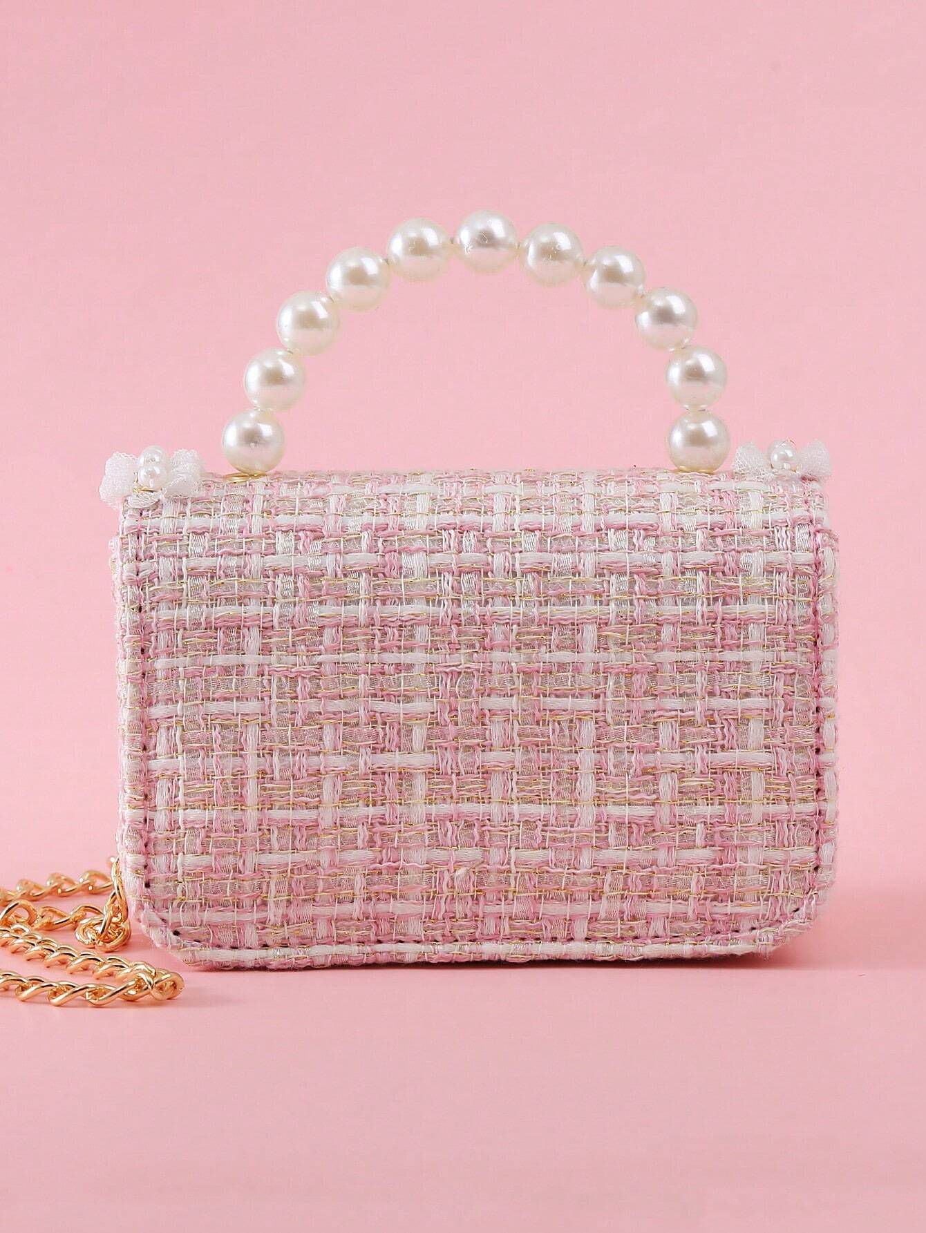 1pc Mini Girls' Cloth Shoulder Bag With Bowknot, Pearl Beads, Lace Edge And Metal Chain shein