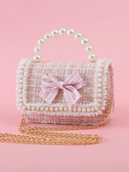 1pc Mini Girls' Cloth Shoulder Bag With Bowknot, Pearl Beads, Lace Edge And Metal Chain shein