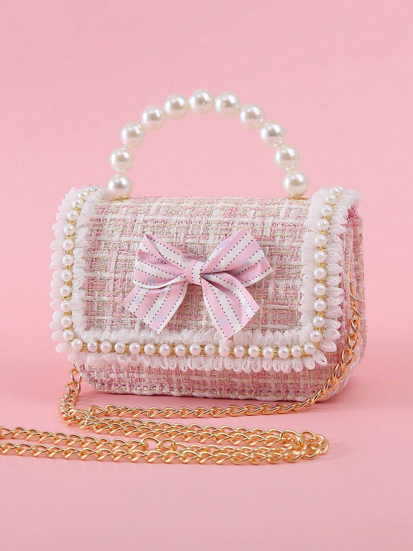 1pc Mini Girls' Cloth Shoulder Bag With Bowknot, Pearl Beads, Lace Edge And Metal Chain shein