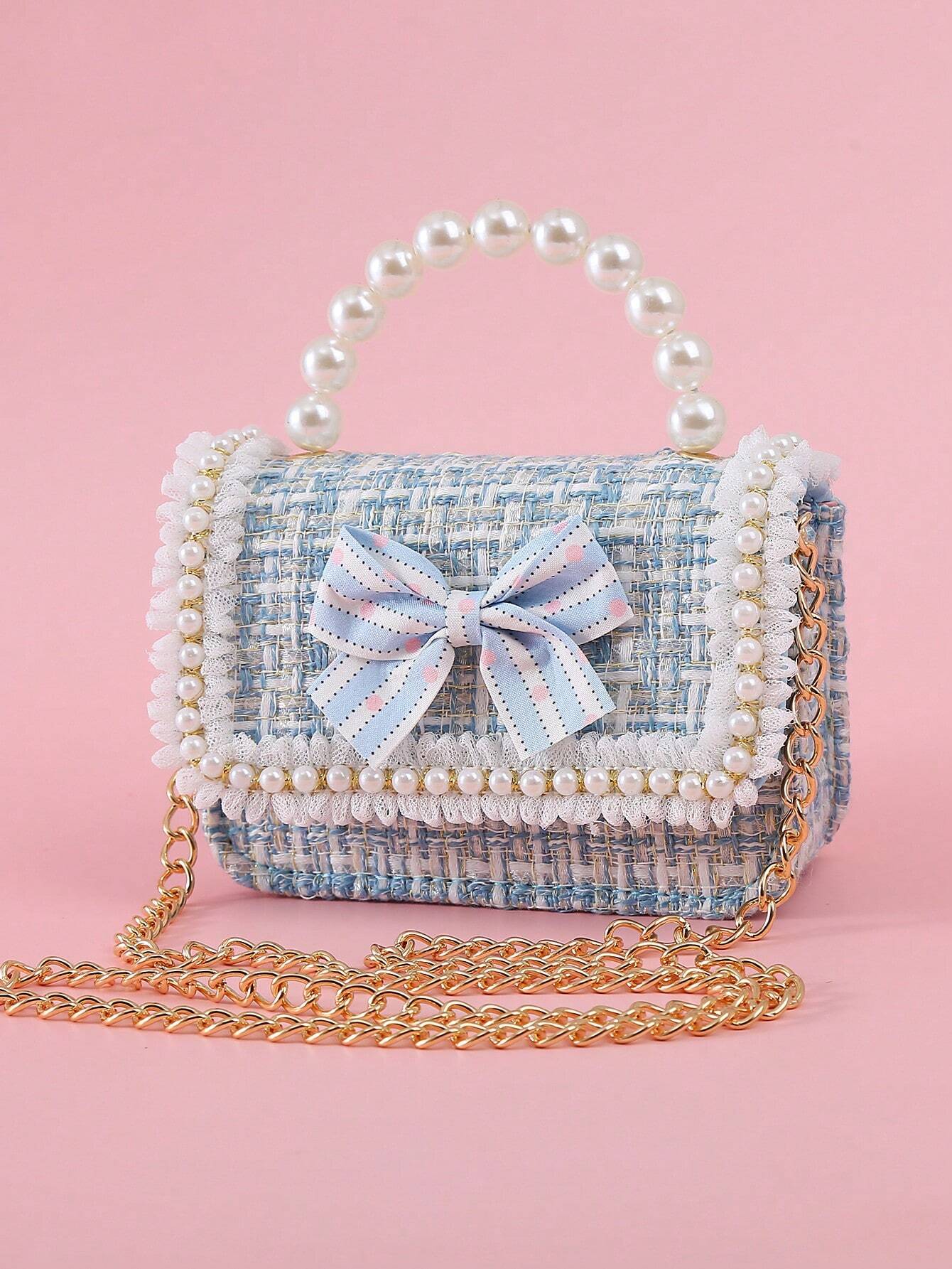 1pc Mini Girls' Cloth Shoulder Bag With Bowknot, Pearl Beads, Lace Edge And Metal Chain shein