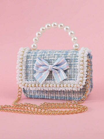 1pc Mini Girls' Cloth Shoulder Bag With Bowknot, Pearl Beads, Lace Edge And Metal Chain