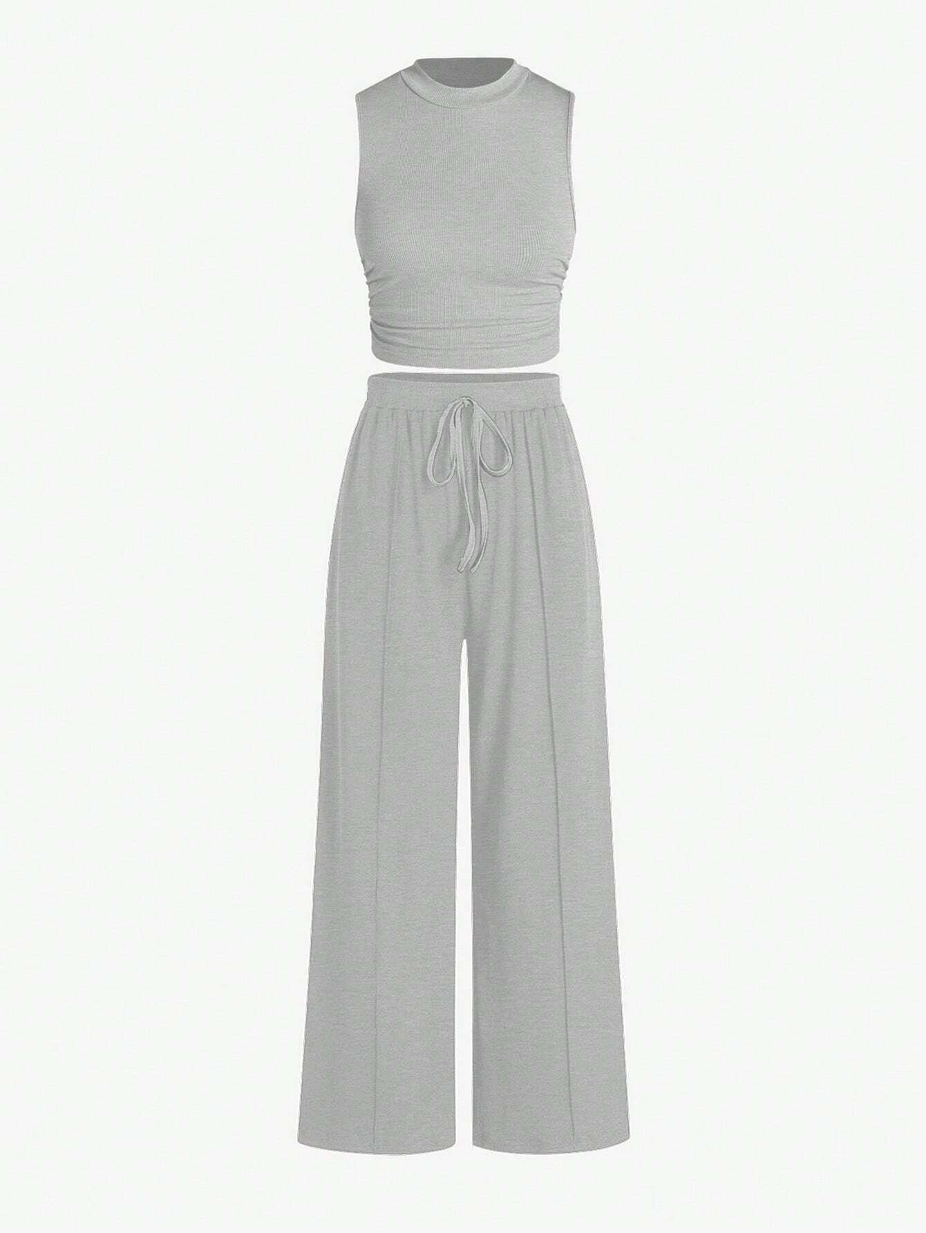 Essnce Summer Casual Solid Color Slim-Fit Ruched Crop Top And Long Pants Set shein