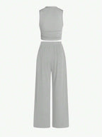 Essnce Summer Casual Solid Color Slim-Fit Ruched Crop Top And Long Pants Set shein