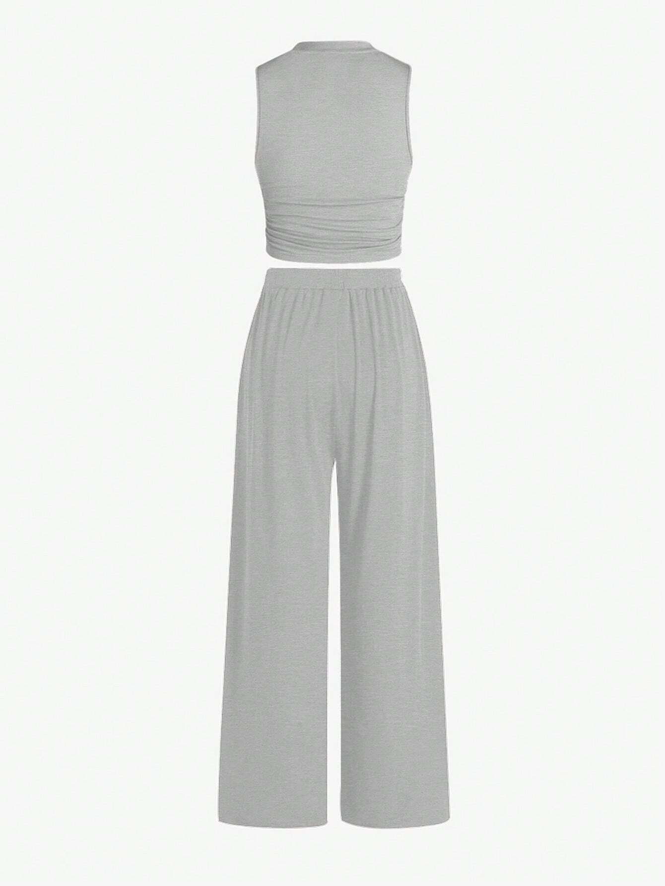 Essnce Summer Casual Solid Color Slim-Fit Ruched Crop Top And Long Pants Set shein