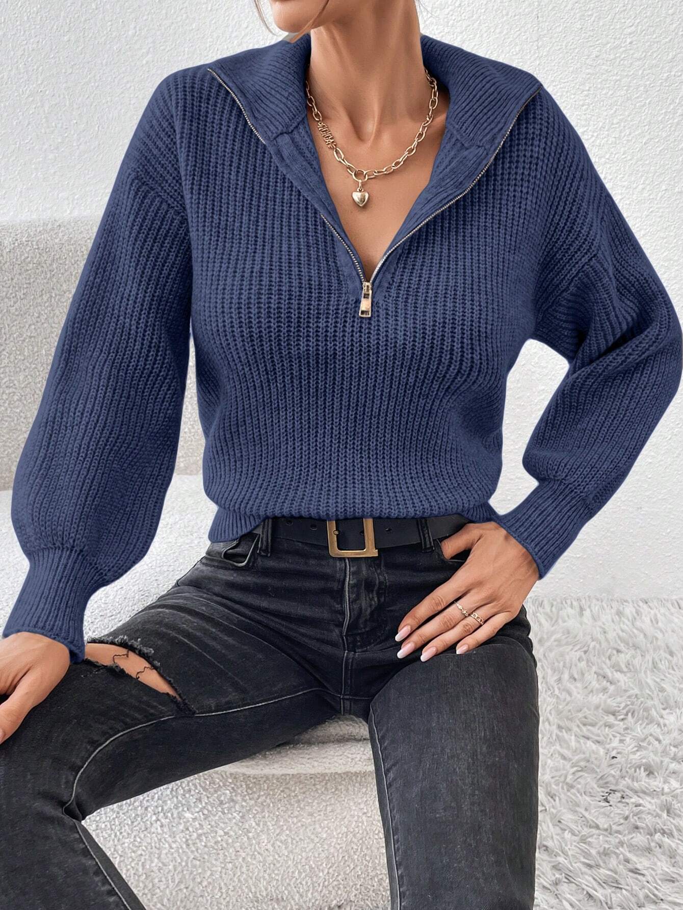 Frenchy Half Zip Drop Shoulder Grain Sweater shein