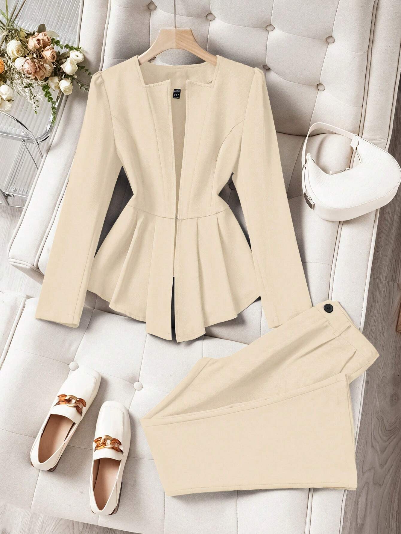 Privé 2pcs Set: Elegant Solid Color Blazer With Ruffle Hem & Flare Leg Pants shein