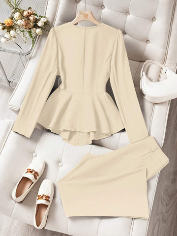 Privé 2pcs Set: Elegant Solid Color Blazer With Ruffle Hem & Flare Leg Pants shein