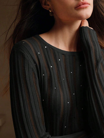 Anewsta Merlot Color Casual Sexy Elegant Simple Basic Crew Neck Long Sleeve T-Shirt With Openwork Texture