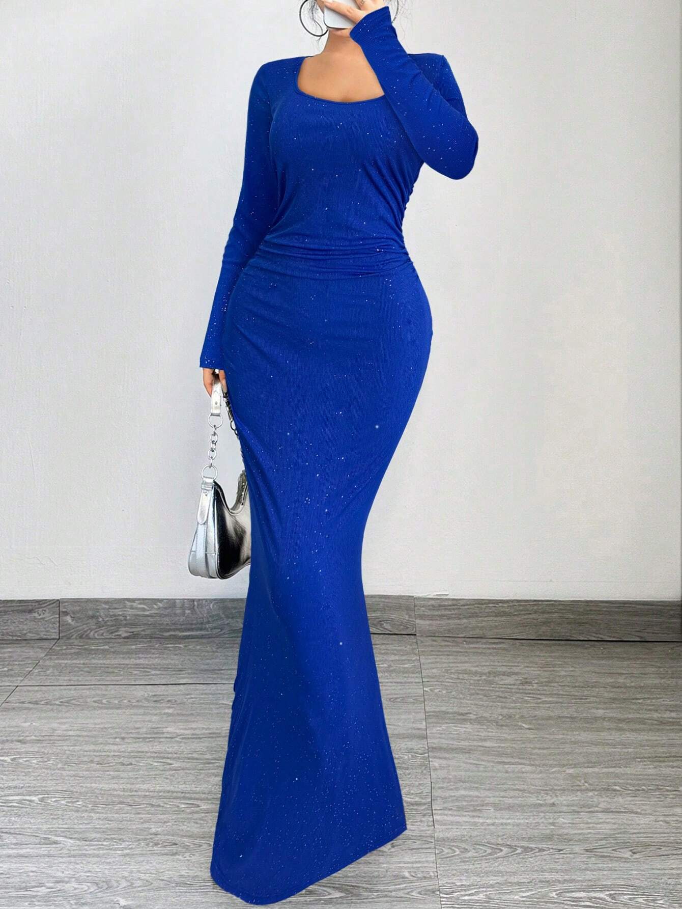 SXY Elegant And Glamorous Ruched Waist Fitted Black Glittery Square Neck Long Sleeve Dress shein