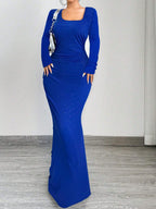 SXY Elegant And Glamorous Ruched Waist Fitted Black Glittery Square Neck Long Sleeve Dress shein