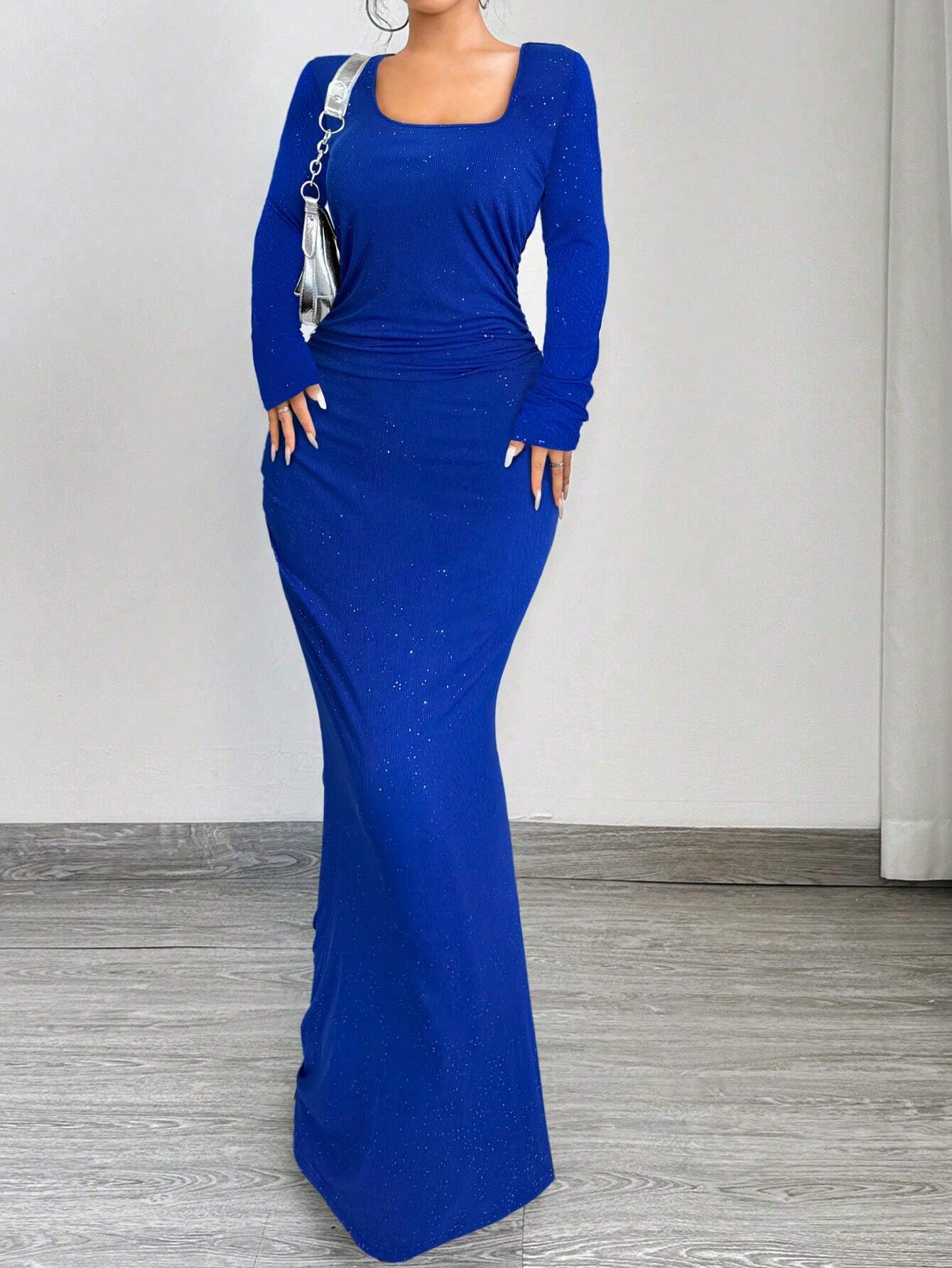 SXY Elegant And Glamorous Ruched Waist Fitted Black Glittery Square Neck Long Sleeve Dress shein