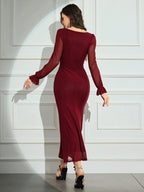 Modely Women's Solid Color Mesh Contrast Long Sleeve Casual Dress shein