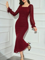 Modely Women's Solid Color Mesh Contrast Long Sleeve Casual Dress shein