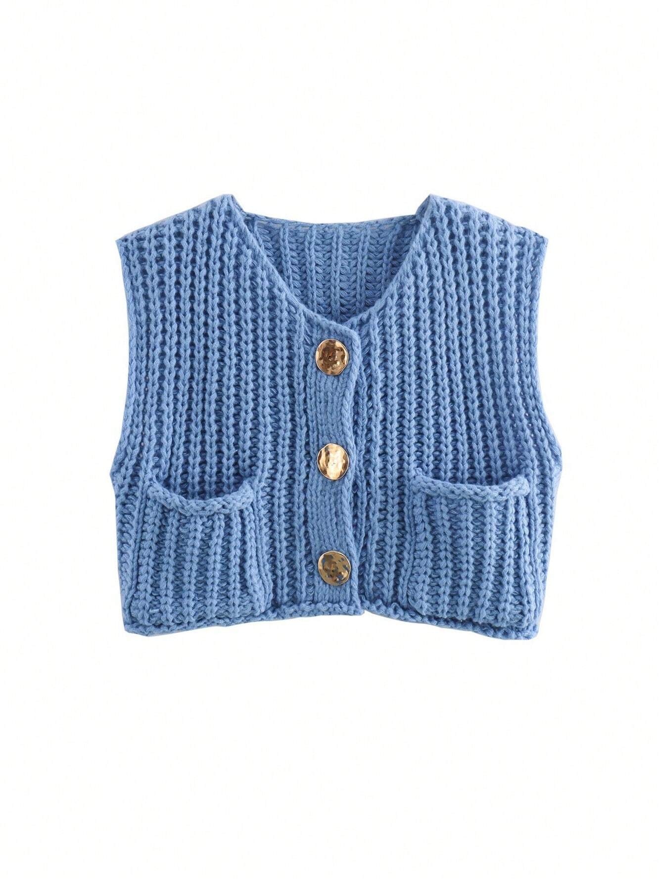 Essnce Women's Plain Color Single-Breasted V-Neck Sleeveless Casual Cardigan