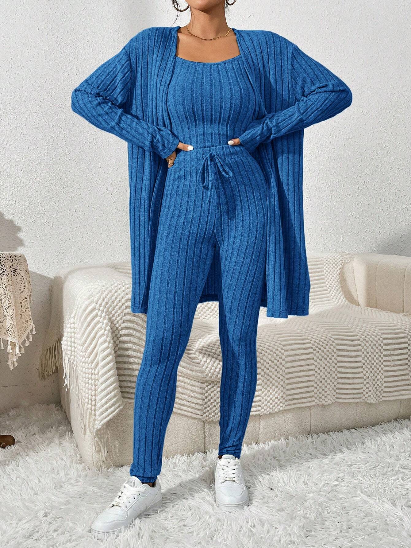 Essnce Women'S Ribbed Cardigan With Long Sleeves, Camisole, Drawstring Waist Pants Set shein