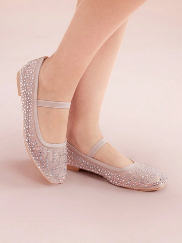 CUCCOO DOLLMOD Fashionable Apricot Color Rhinestoned Mesh Mary Jane Flats