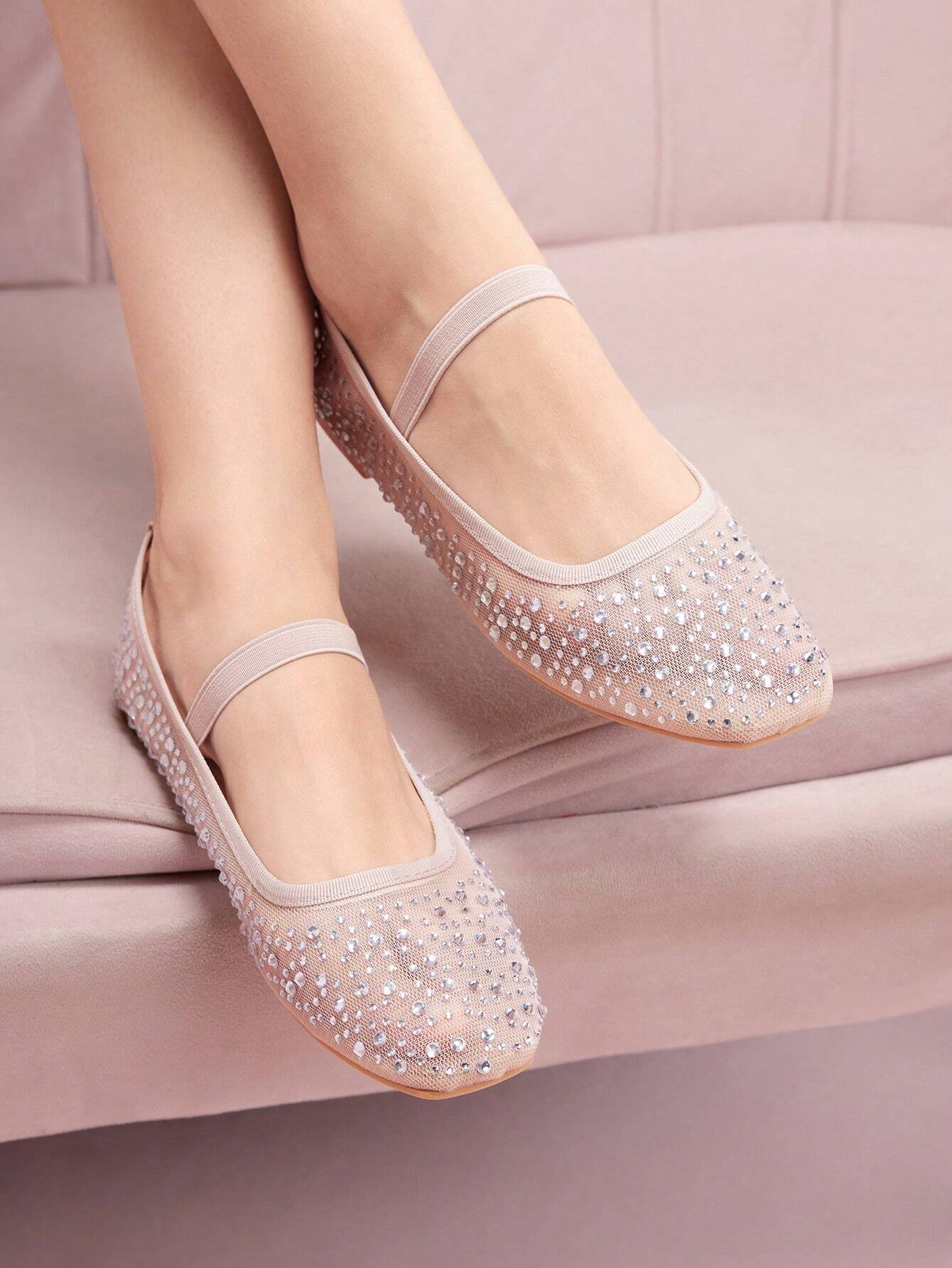 CUCCOO DOLLMOD Fashionable Apricot Color Rhinestoned Mesh Mary Jane Flats Shein