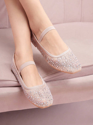 CUCCOO DOLLMOD Fashionable Apricot Color Rhinestoned Mesh Mary Jane Flats