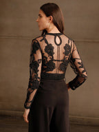 Anewsta Crochet Mesh Embroidery Sexy See-Through Blouse shein