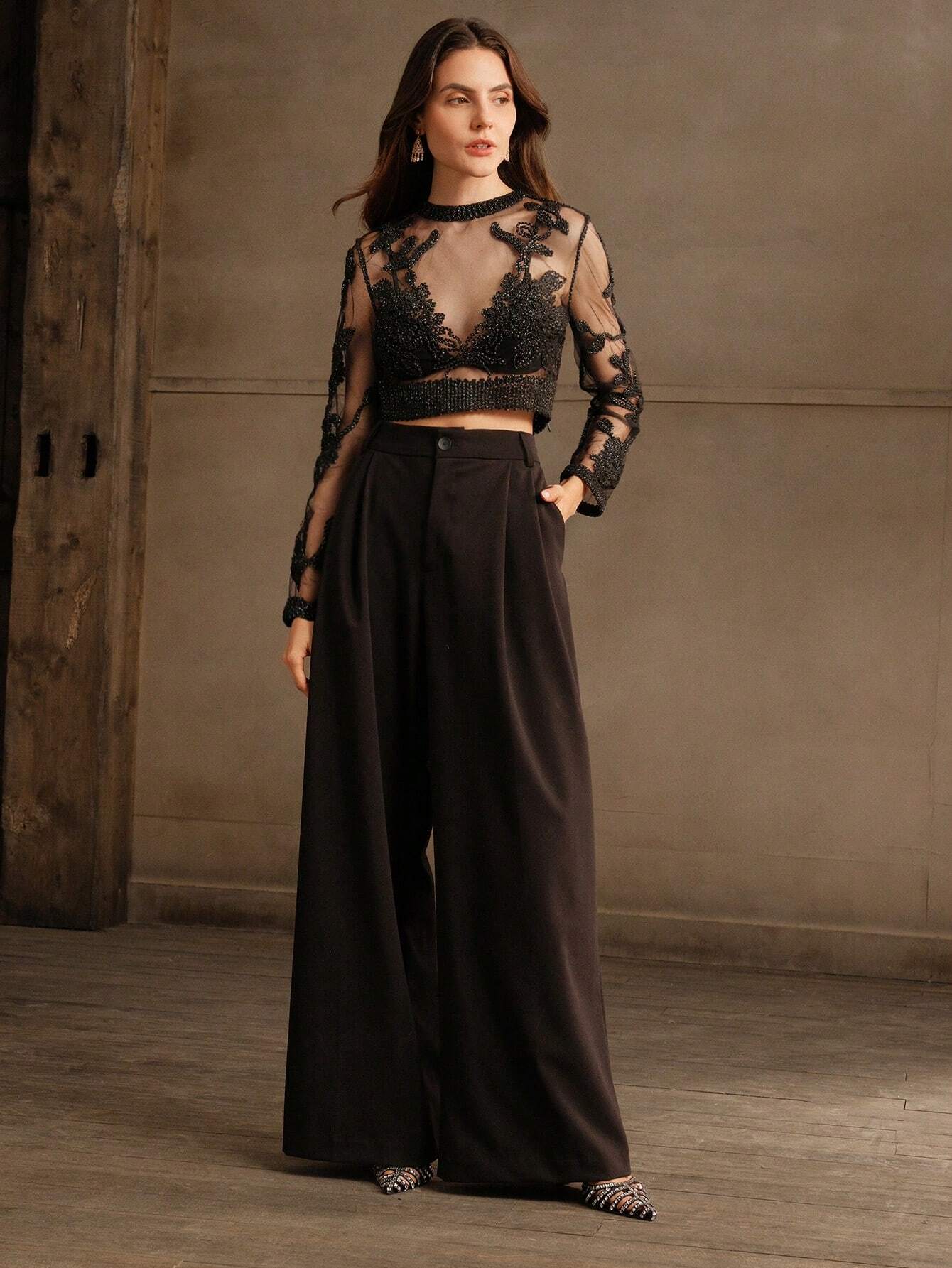 Anewsta Crochet Mesh Embroidery Sexy See-Through Blouse shein