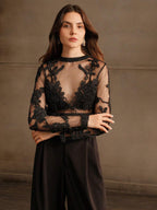 Anewsta Crochet Mesh Embroidery Sexy See-Through Blouse shein