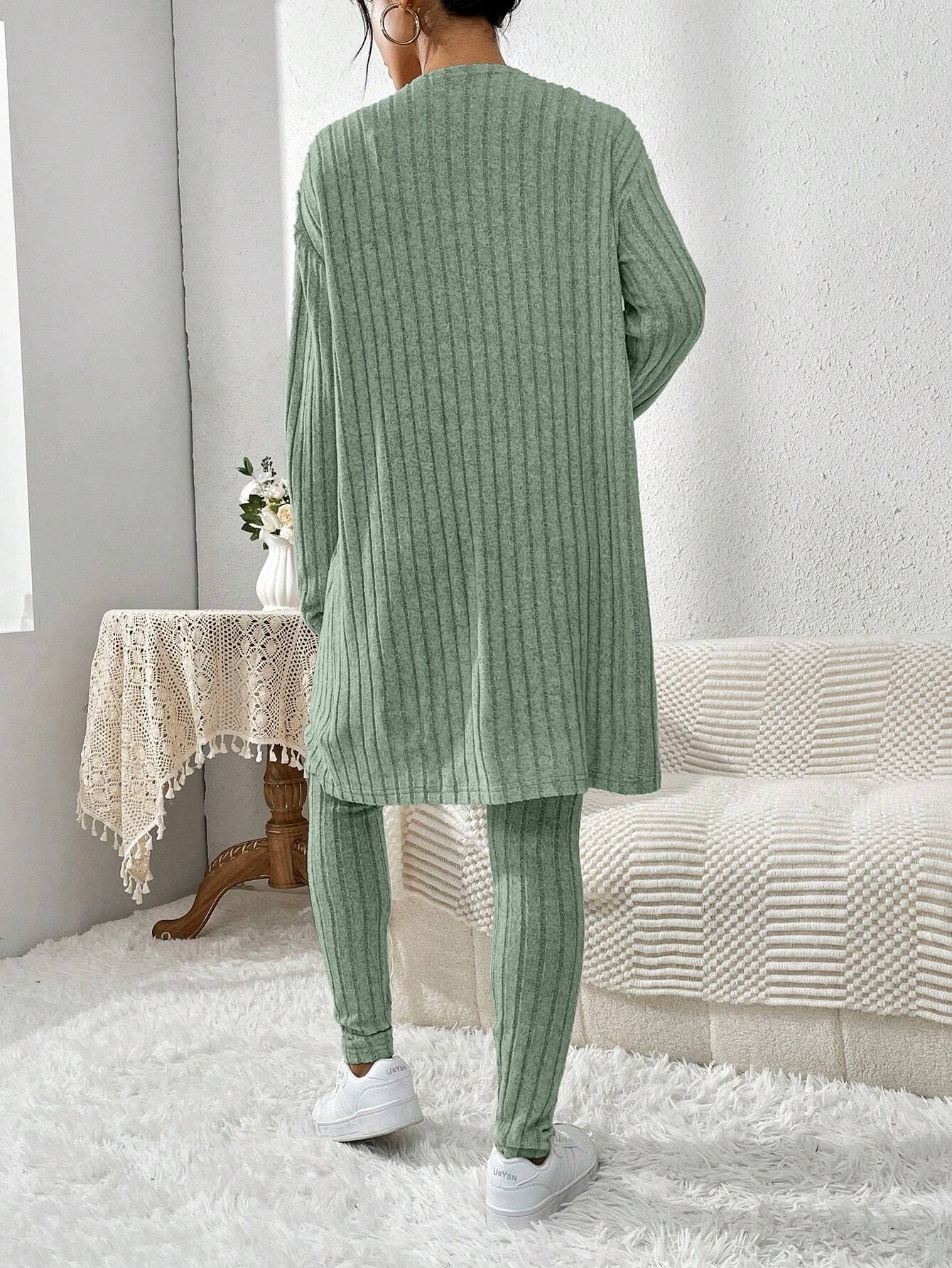 Essnce Women'S Ribbed Cardigan With Long Sleeves, Camisole, Drawstring Waist Pants Set shein