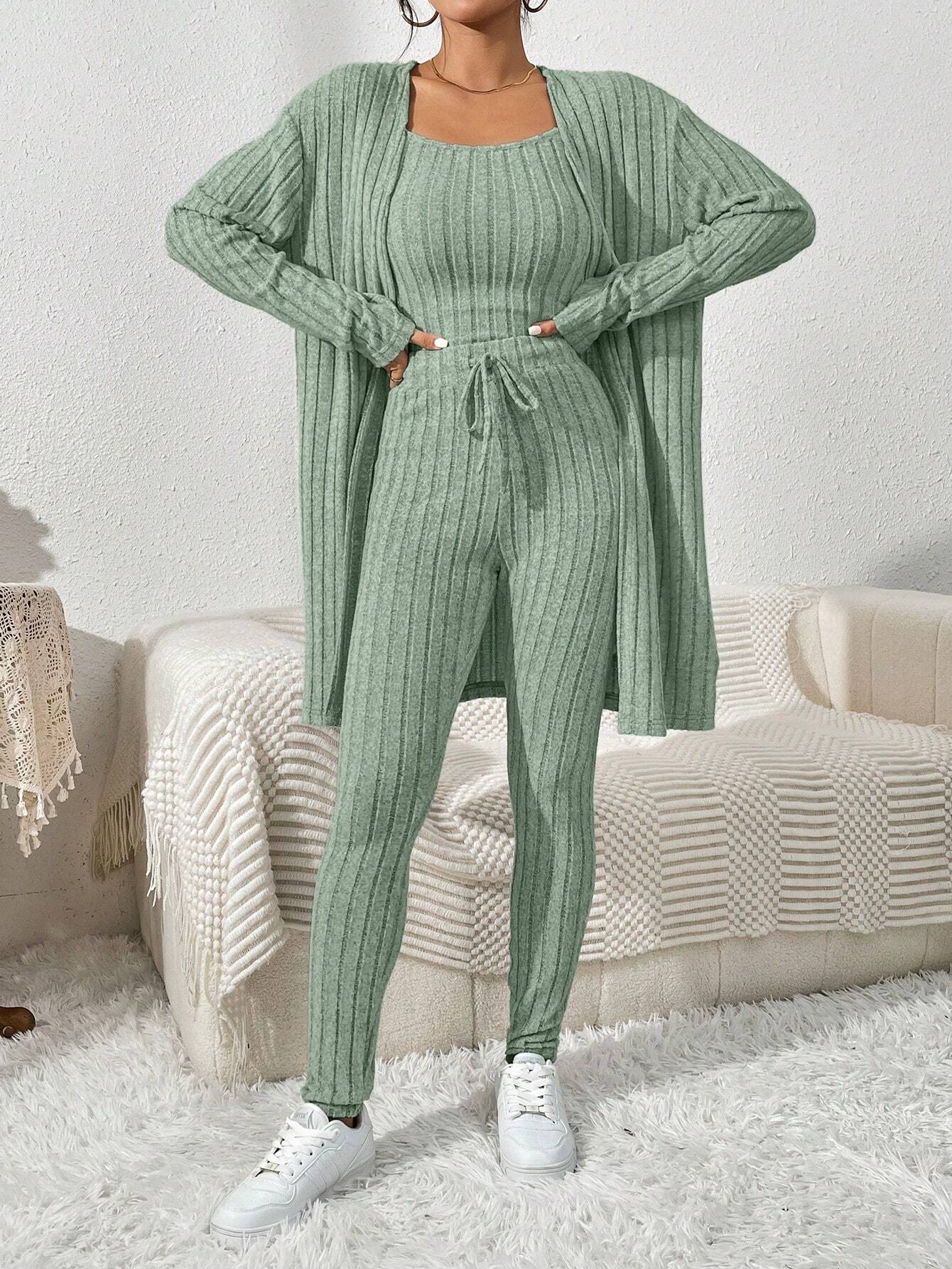 Essnce Women'S Ribbed Cardigan With Long Sleeves, Camisole, Drawstring Waist Pants Set shein