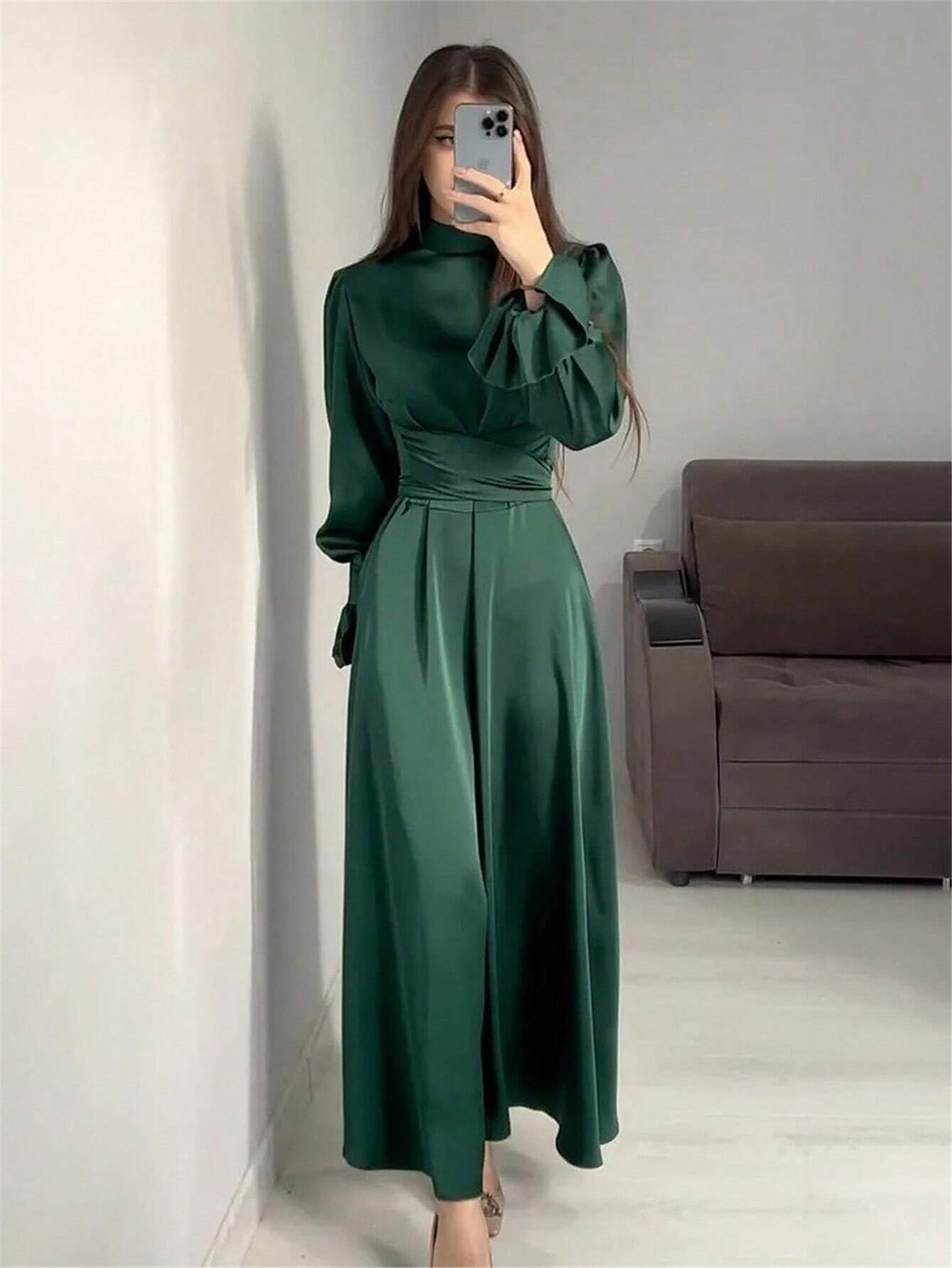 Women Long Dress Lantern Sleeves High Neck Party Plain Color Gown Lace Up Dress shein