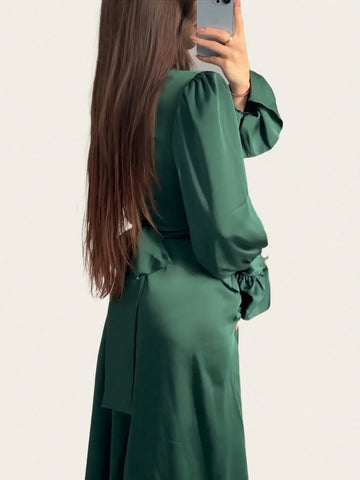 Women Long Dress Lantern Sleeves High Neck Party Plain Color Gown Lace Up Dress