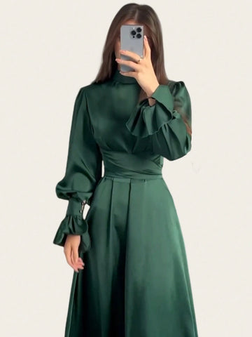 Women Long Dress Lantern Sleeves High Neck Party Plain Color Gown Lace Up Dress