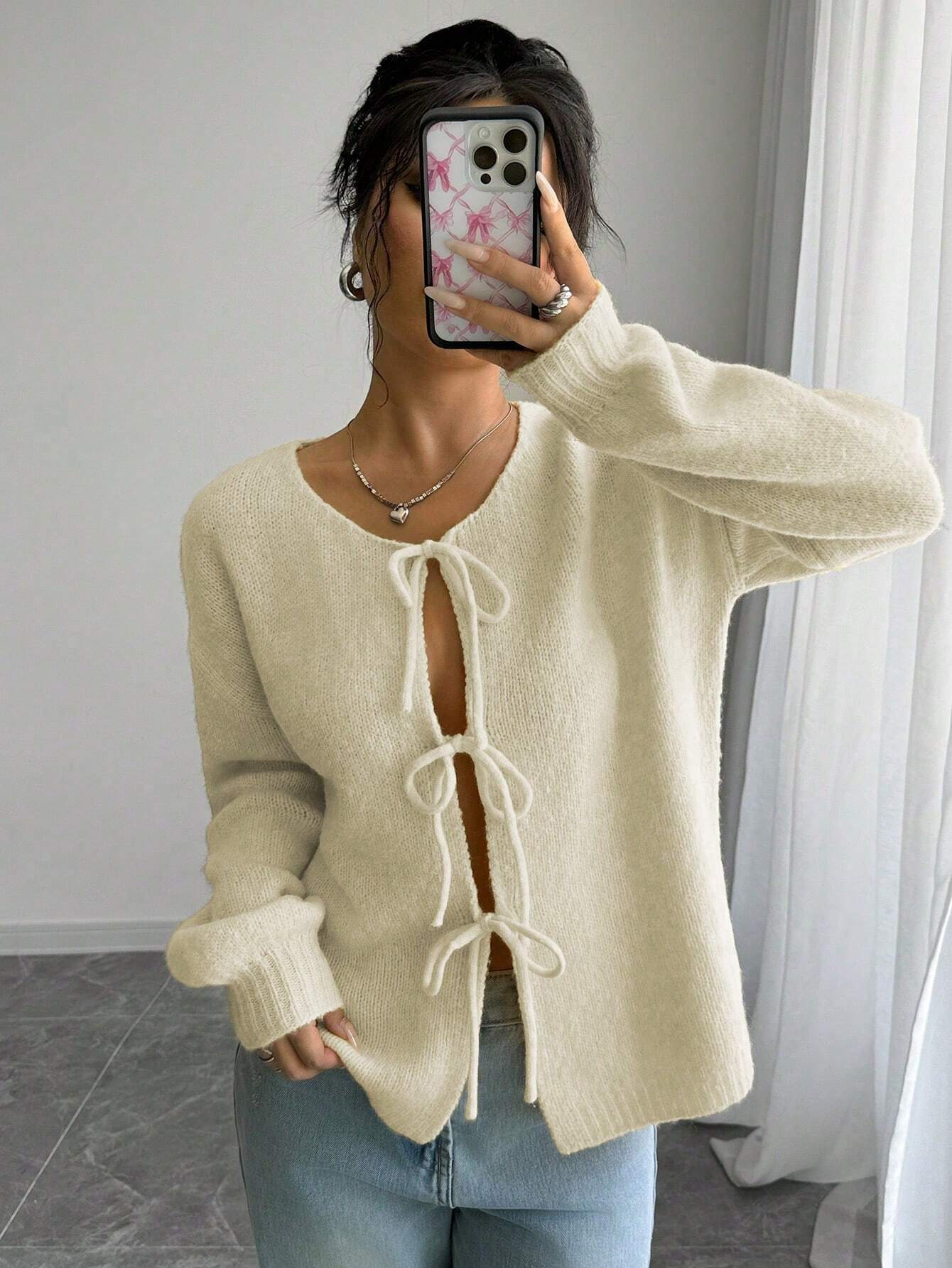 Essnce Trendy Front Tie Design Long Sleeve Cardigan