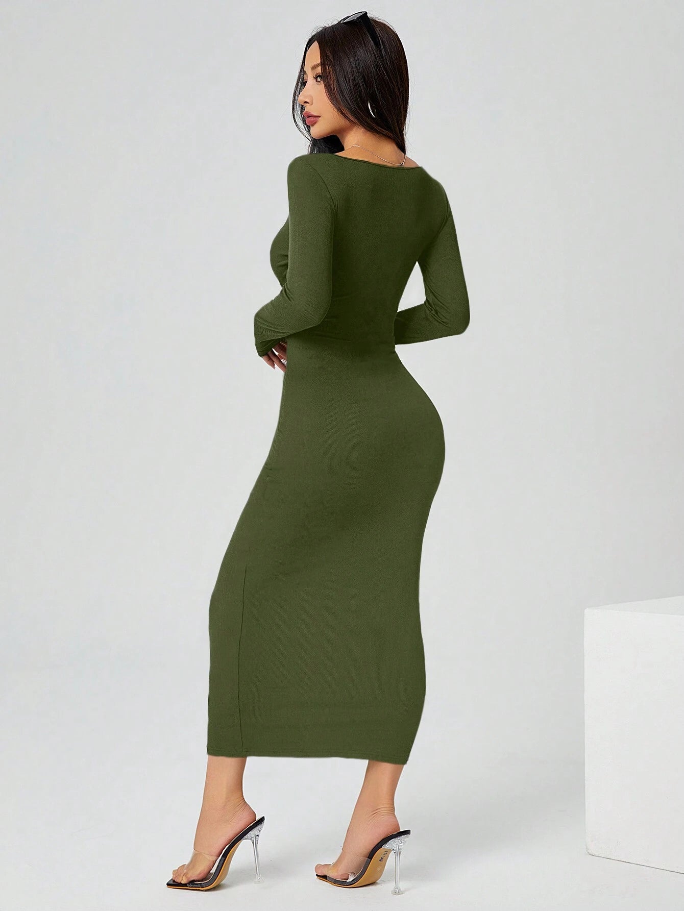 PETITE Autumn Wear Solid Color Square Neck Tight Black Long-Sleeved Dress shein