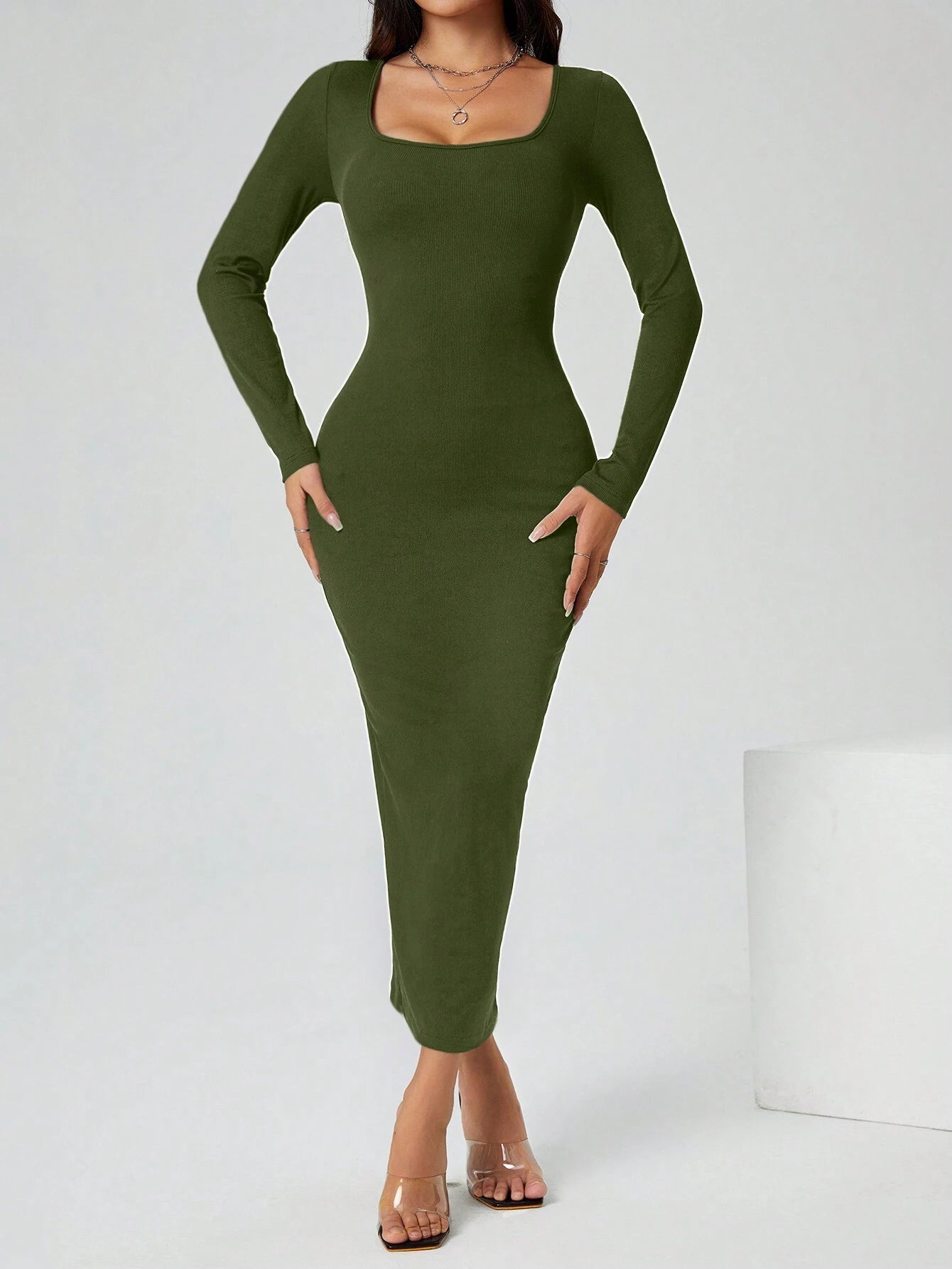 PETITE Autumn Wear Solid Color Square Neck Tight Black Long-Sleeved Dress shein