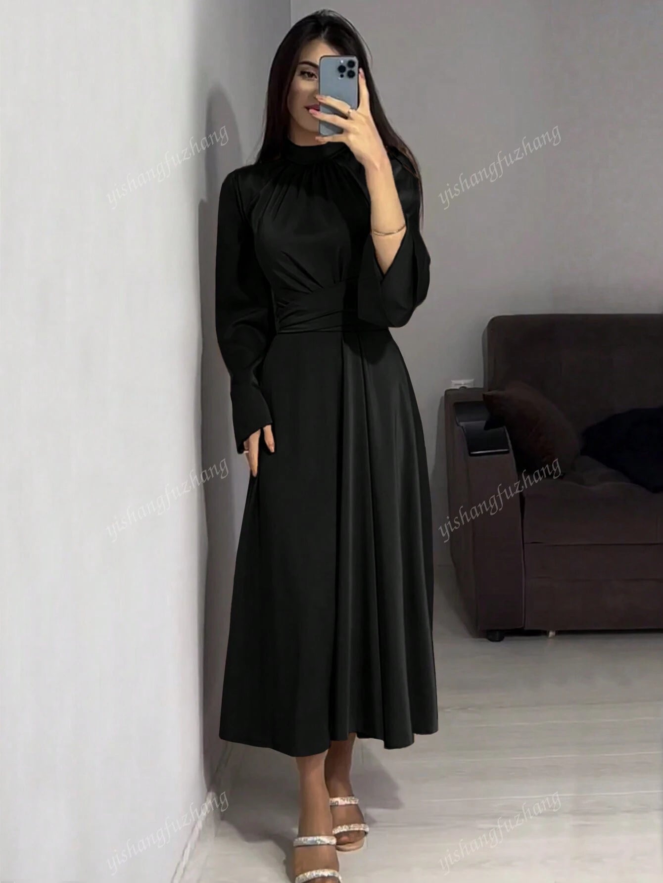 Women Solid Color Round Neck Belted Flare Sleeve Satin Elegant Dress shein