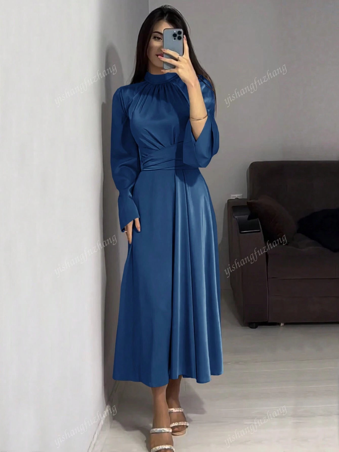 Women Solid Color Round Neck Belted Flare Sleeve Satin Elegant Dress shein