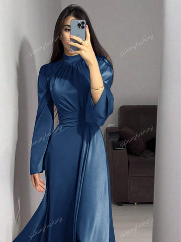 Women Solid Color Round Neck Belted Flare Sleeve Satin Elegant Dress shein