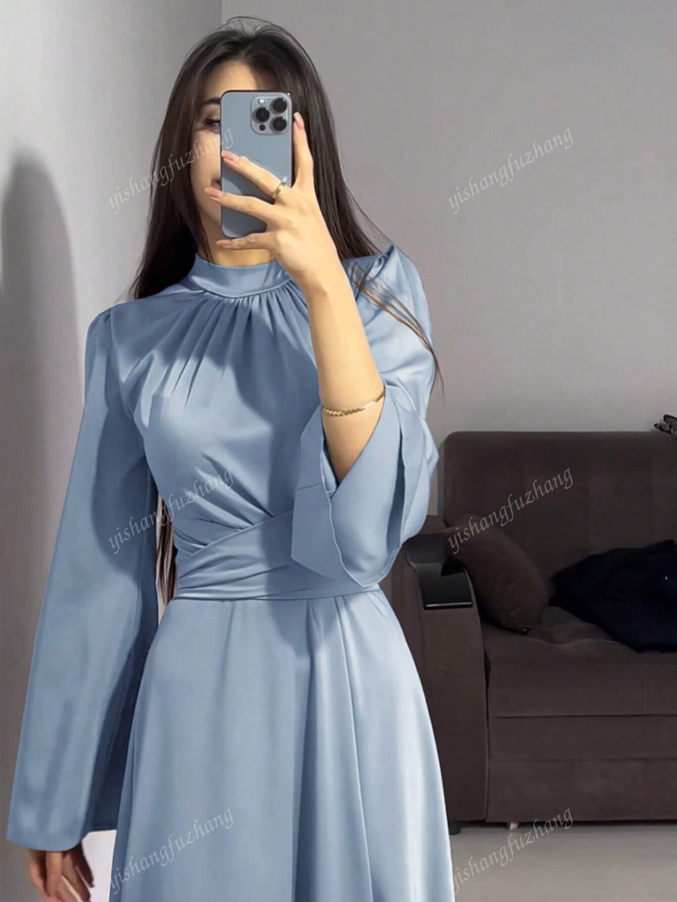 Women Solid Color Round Neck Belted Flare Sleeve Satin Elegant Dress shein