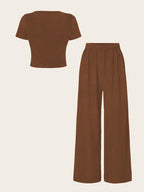 Essnce Summer Plain V-Neck T-Shirt And Wide-Leg Pants Two-Piece Set shein
