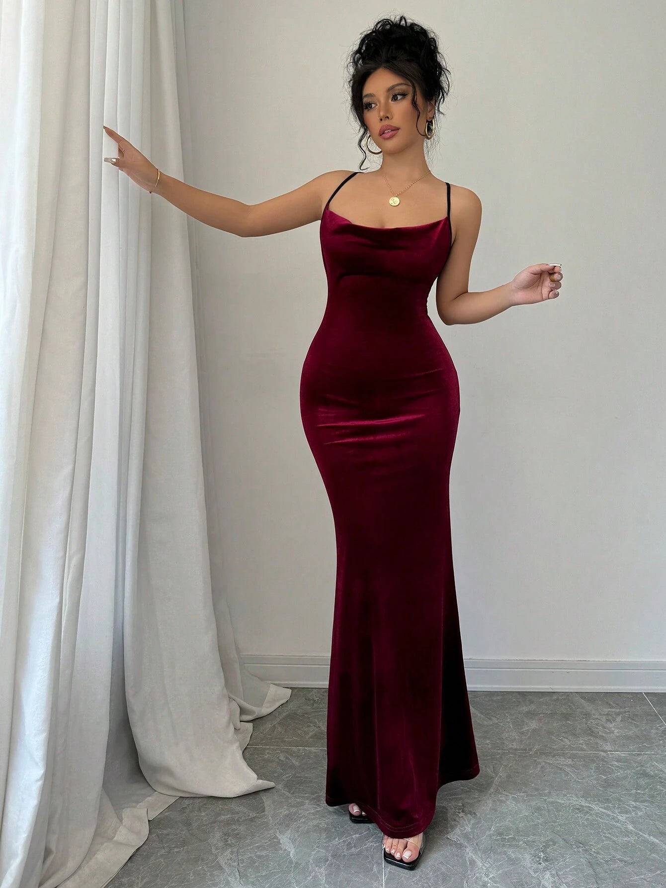 MOOSTA Women Elegant Sexy Solid Color Fishtail Backless Halter Long Dress shein