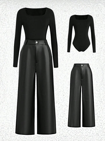 Privé Women Square Collar Long Sleeve Jumpsuit And PU Leather Wide Leg Casual Pants Set shein