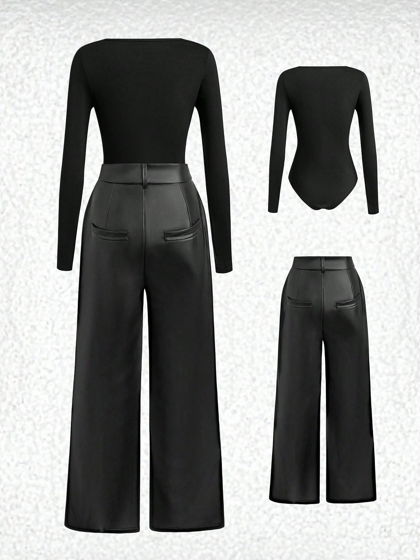 Privé Women Square Collar Long Sleeve Jumpsuit And PU Leather Wide Leg Casual Pants Set shein