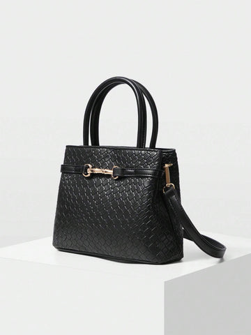 MOTF PREMIUM LADIES COMMUTER CHIC SOLID COLOR CROCODILE EMBOSSED METAL BUCKLE DECOR HANDBAG