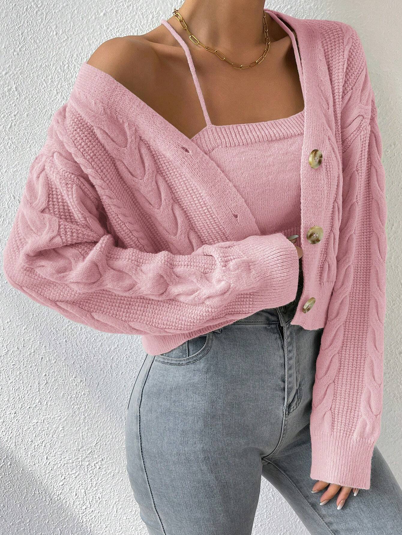 MOOSTA Drop Shoulder Cable Knit Cardigan & Crop Knit Top shein