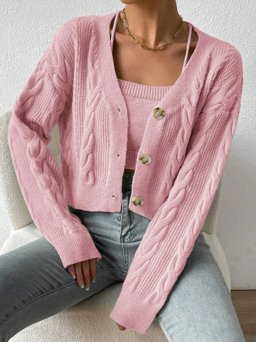 MOOSTA Drop Shoulder Cable Knit Cardigan & Crop Knit Top