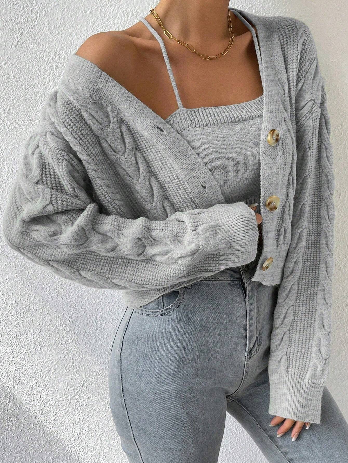 MOOSTA Drop Shoulder Cable Knit Cardigan & Crop Knit Top shein
