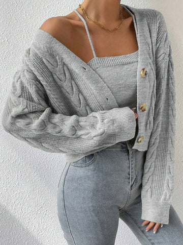 MOOSTA Drop Shoulder Cable Knit Cardigan & Crop Knit Top