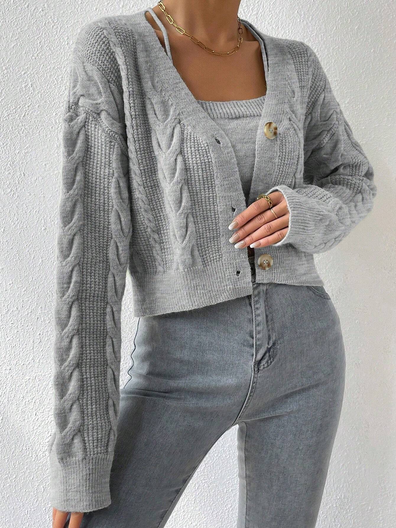 MOOSTA Drop Shoulder Cable Knit Cardigan & Crop Knit Top shein