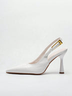 Women's Pointed Toe Fashion Button Detail Patent Leather Slip-On Heeled Pumps shein