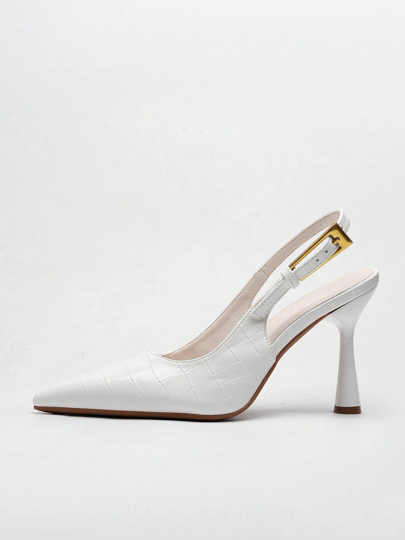 Women's Pointed Toe Fashion Button Detail Patent Leather Slip-On Heeled Pumps shein